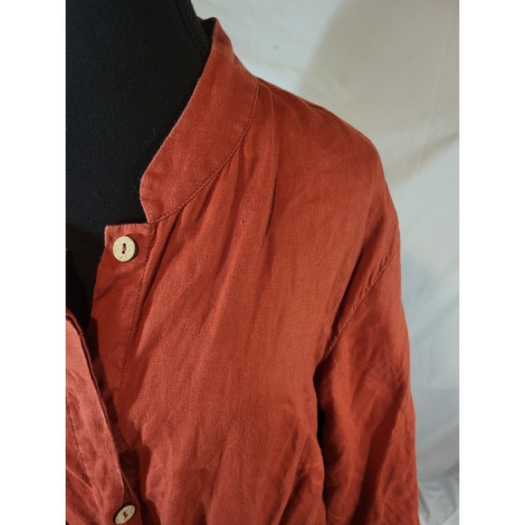 Tahari 100% Linen Button Up Shirt Tunic Rust Orange Long Sleeve Roll Tab Size 1X - Picture 2 of 5